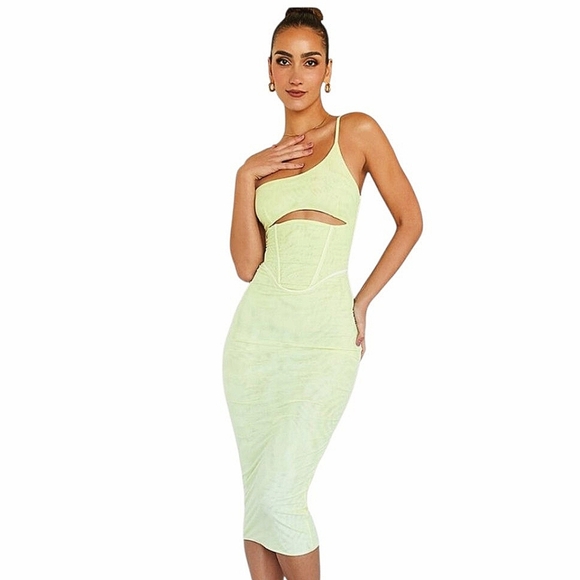 House Of CB MISTRESS ROCKS Heartfelt Lemon One Shoulder Corset MidiDress. LG - Picture 1 of 16